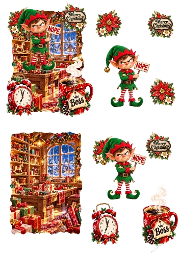 Funny Grumpy Elf Nope Sign Boss Coffee Mug Christmas 3D Decoupage A4 Sheet JPEG