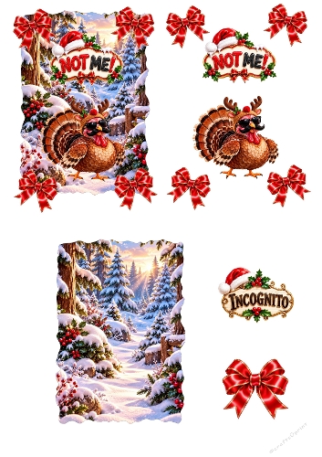 Funny Christmas Turkey Disguise Incognito Not Me 3D Decoupage A4 Sheet JPEG