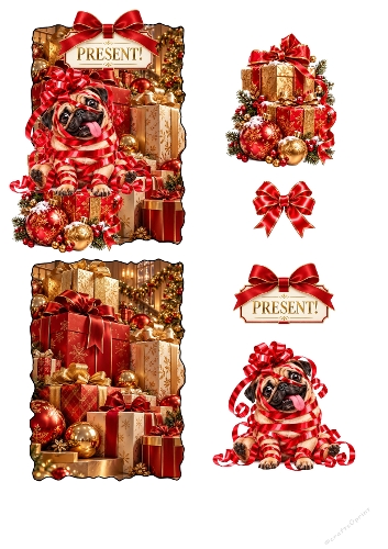 Funny Christmas Pug Wrapped Ribbon Present 3D Decoupage A4 Sheet JPEG