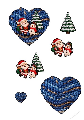 Cute Crochet Santa Snowman Heart Knitted Blue Background 3D Decoupage A4 Sheet JPEG