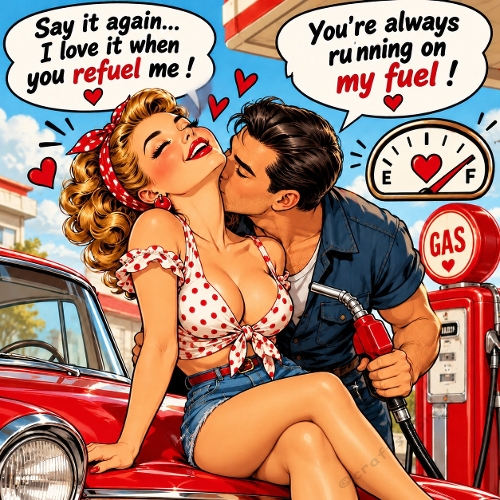 Vintage Pinup Couple Gas Station Retro Romance 1254x1254 JPEG Illustration