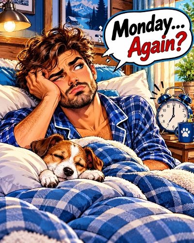 Funny Vintage Man Bed Dog Monday Again 1122x1402 JPEG Illustration