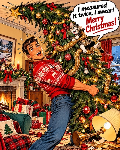 Funny Christmas Man Oversized Tree Cat Measured Twice 1122x1402 JPEG Illustration