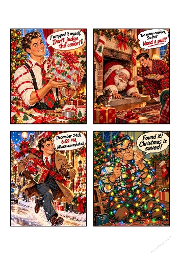 Funny Christmas Men Card Toppers Set Retro Humor Set of 4 A4 Sheet JPEG