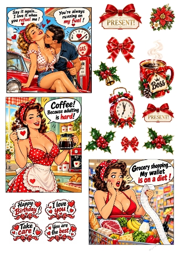 Vintage Pinup Women Card Toppers Elements Set A4 Sheet JPEG