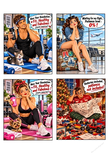 Funny Vintage Fitness Travel Christmas Card Toppers Set Retro Humor Set of 4 A4 Sheet JPEG