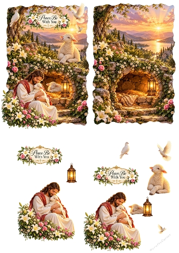 Jesus Good Shepherd Lamb Doves Peace Be With You 3D Decoupage A4 Sheet JPEG