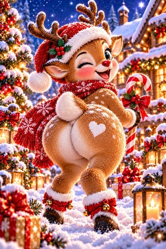 Cute Christmas Reindeer Winking Candy Cane Winter Village 1122x1402 JPEG Illustration