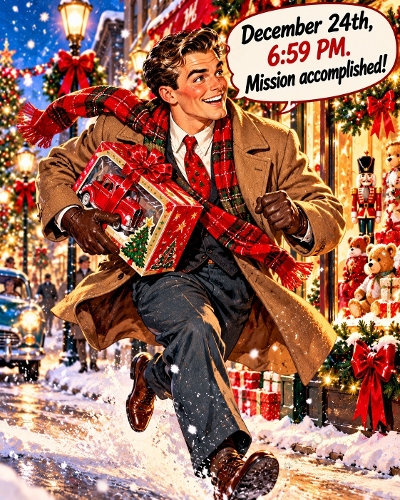 Funny Christmas Man Last Minute Shopping Mission Accomplished 1122x1402 JPEG Illustration