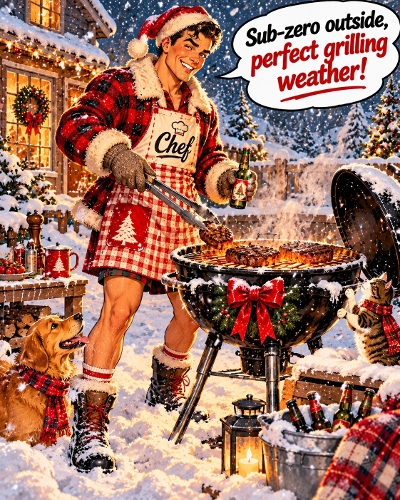 Funny Christmas Man Barbecue Grilling Winter Snow 1122x1402 JPEG Illustration