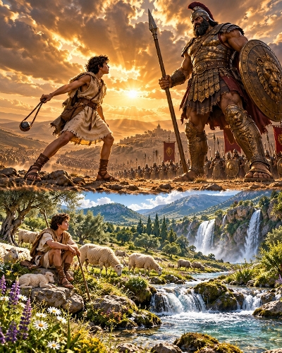 Epic David And Goliath Biblical Battle Pastoral Valley Stream 1122x1402 JPEG Illustration