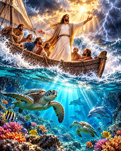 Jesus Calming The Storm Sea Miracle Underwater Coral Reef 1122x1402 JPEG Illustration
