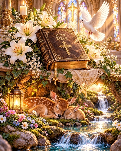 Holy Bible White Dove Cross Fawn Bunny Woodland Stream 1122x1402 JPEG Illustration