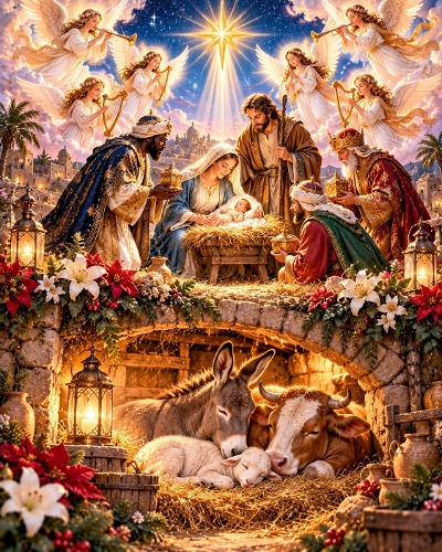 Holy Nativity Wise Men Angels Christmas Star Stable 1122x1402 JPEG Illustration