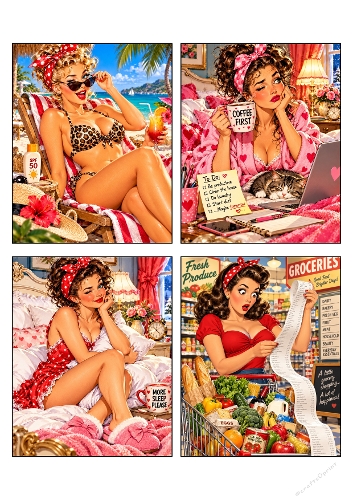 Funny Retro Pinup Woman 4 Card Toppers Kit Beach Coffee Groceries A4 JPEG Sheet