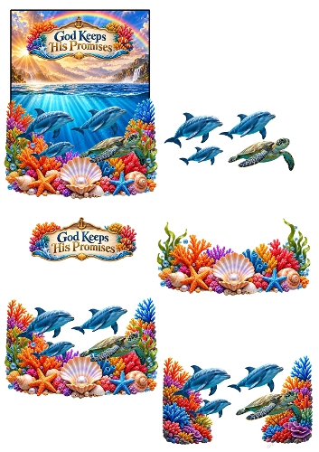 God Keeps His Promises Bible Dolphin Turtle 3D Decoupage A4 Craft Sheet