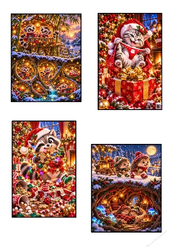 Cute Christmas Animals 4 Card Toppers Kit Cat Raccoon Lemurs Hedgehogs A4 JPEG Sheet