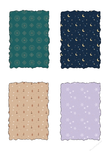 Christmas Card Backgrounds Kit Celestial Night Gingerbread Lilac Snowflakes A4 Sheet