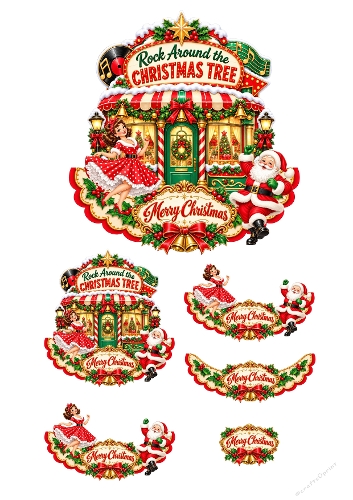Rock Around The Christmas Tree 3D Decoupage Card Kit Retro Santa Rockabilly A4 Sheet