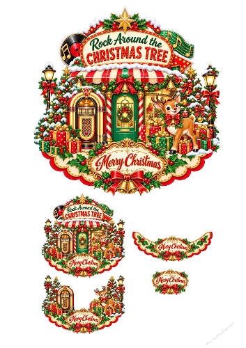 Rock Around The Christmas Tree 3D Decoupage Card Kit Retro Santa Rockabilly A4 Sheet