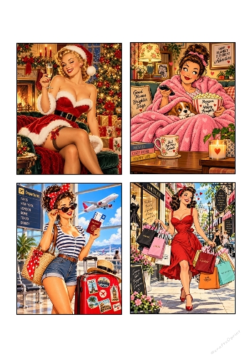Retro Pinup Women Fashion Travel Movie Cozy Christmas 4 Card Toppers A4 Sheet