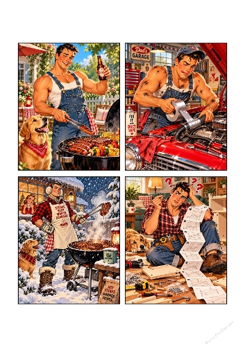 Funny Retro Handyman BBQ Winter Grill Flatpack DIY 4 Card Toppers A4 Sheet