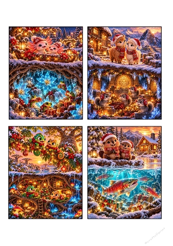 Cute Christmas Animals Snow Winter Wonderland 4 Card Toppers A4 Sheet