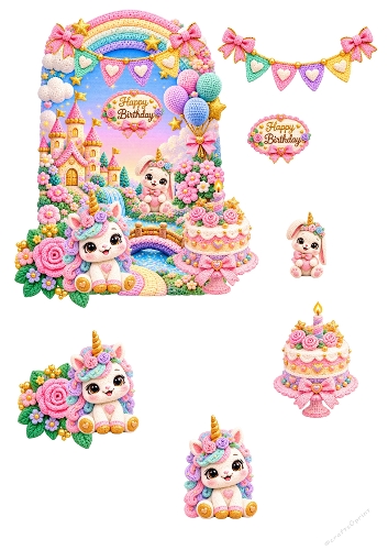 Cute Crochet Unicorn Bunny Birthday Castle 3D Decoupage Card Kit A4 ...