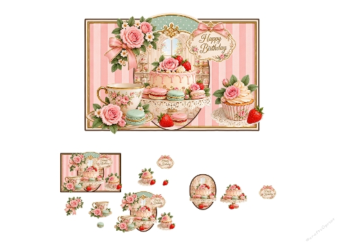 Vintage Pink Birthday Cake Tea Party Macarons 3D Decoupage Card Kit A4 Sheet