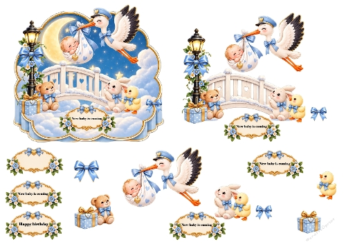 New Baby Stork Moon Bridge Boy 3D Decoupage Card Kit A4 Sheet