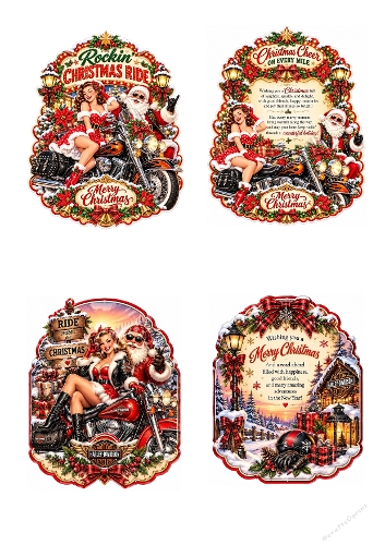 Rockin Christmas Ride Santa Biker Pinup 4 Card Toppers A4 Sheet