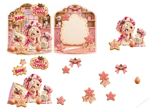 Sweet Chaos Baking Chef Girl Pink Kitchen 3D Decoupage Card Kit A4 Sheet