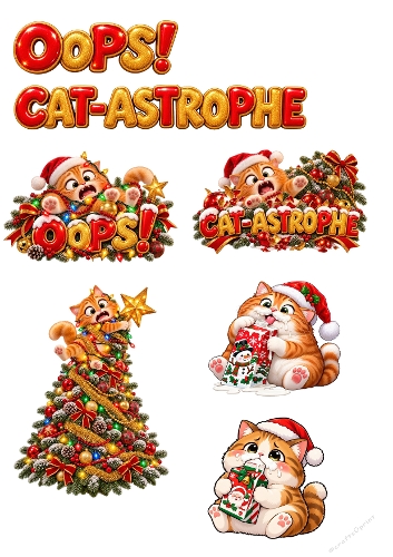 Cat-astrophe Christmas Cat Tree 3D Decoupage Card Kit A4 Sheet