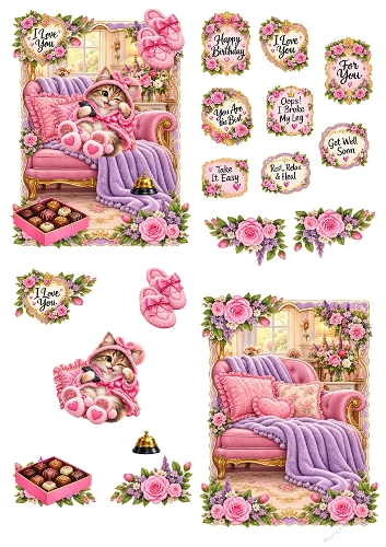 Cozy Relaxing Cat Pink Sofa Chocolates 3D Decoupage Card Kit A4 Sheet