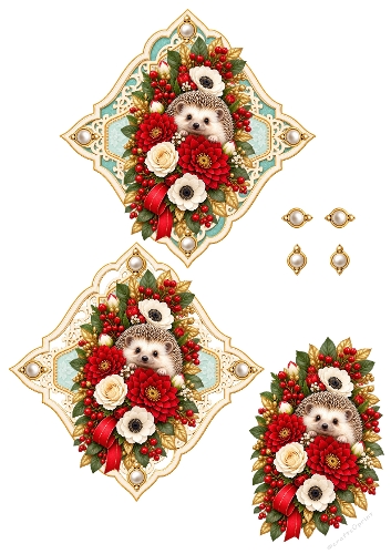 Cute Hedgehog Winter Flowers Red Berries 3D Decoupage Card Kit A4 Sheet