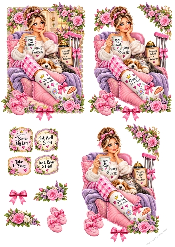 Get Well Soon Injured Princess Broken Leg Girl 3D Decoupage Card Kit A4 Sheet