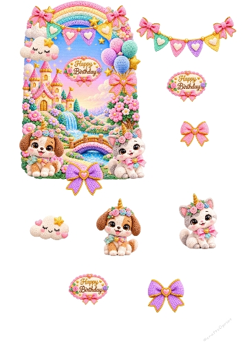 Crochet Fantasy Castle Puppy Kitten Birthday 3D Decoupage Card Kit A4 Sheet