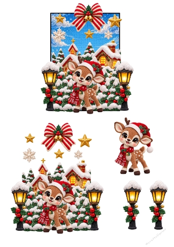Crochet Christmas Reindeer Village Snow 3D Decoupage Card Kit A4 Sheet
