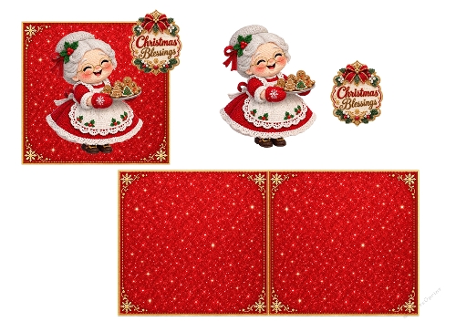 Crochet Mrs Claus Christmas Blessings Red Glitter 3D Decoupage Card Kit A4 Sheet