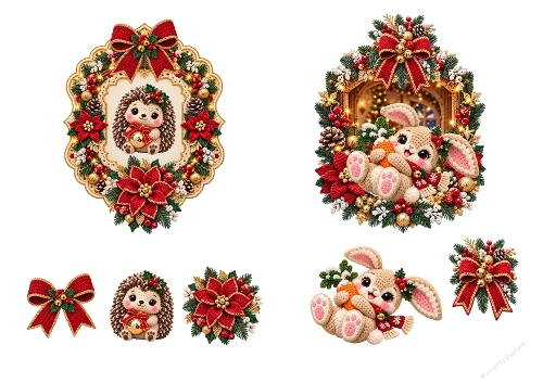 Crochet Christmas Hedgehog Bunny Wreath 2 Card Toppers A4 Sheet