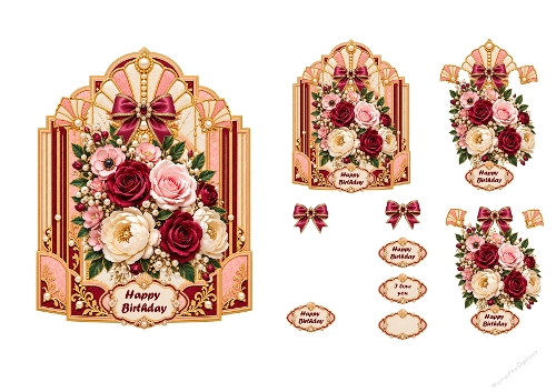Art Deco Seashell Floral Burgandy Gold 3D Decoupage Card Kit A4 Sheet
