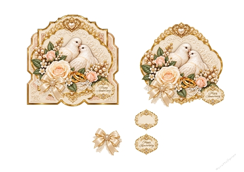 Happy Anniversary White Doves Gold Rings 3D Decoupage Card Kit A4 Sheet
