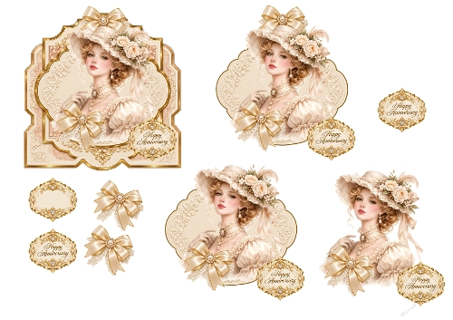 Victorian Lady Elegant Woman Happy Anniversary 3D Decoupage Card Kit A4 Sheet