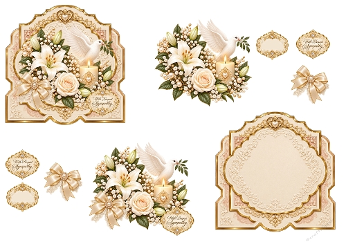 Sympathy White Dove Lily Candle Gold Frame 3D Decoupage Card Kit A4 Sheet