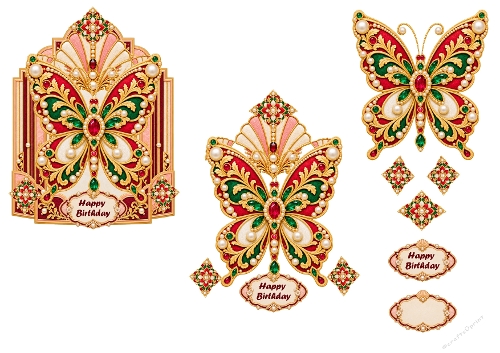 Art Deco Bejeweled Butterfly Happy Birthday 3D Decoupage Card Kit A4 Sheet