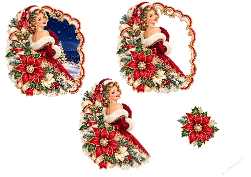 Vintage Christmas Retro Woman Poinsettia 3D Decoupage Card Kit A4 Sheet   