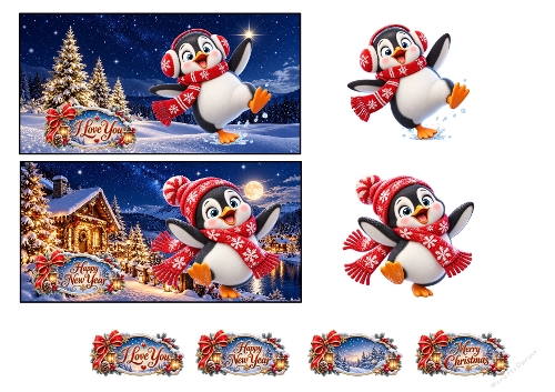 Cute Christmas Penguin Happy New Year 3D Decoupage Card Kit A4 Sheet   