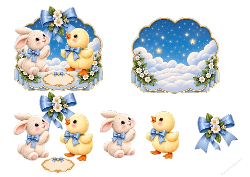 Cute Baby Animals Bunny Duckling Blue 3D Decoupage Card Kit A4 Sheet