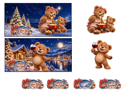 Cute Christmas Teddy Bears Fondue New Year 3D Decoupage Card Kit A4 Sheet   