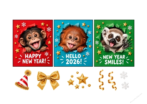 Funny New Year 2026 Monkey Orangutan Lemur 3D Decoupage Card Kit A4 Sheet
